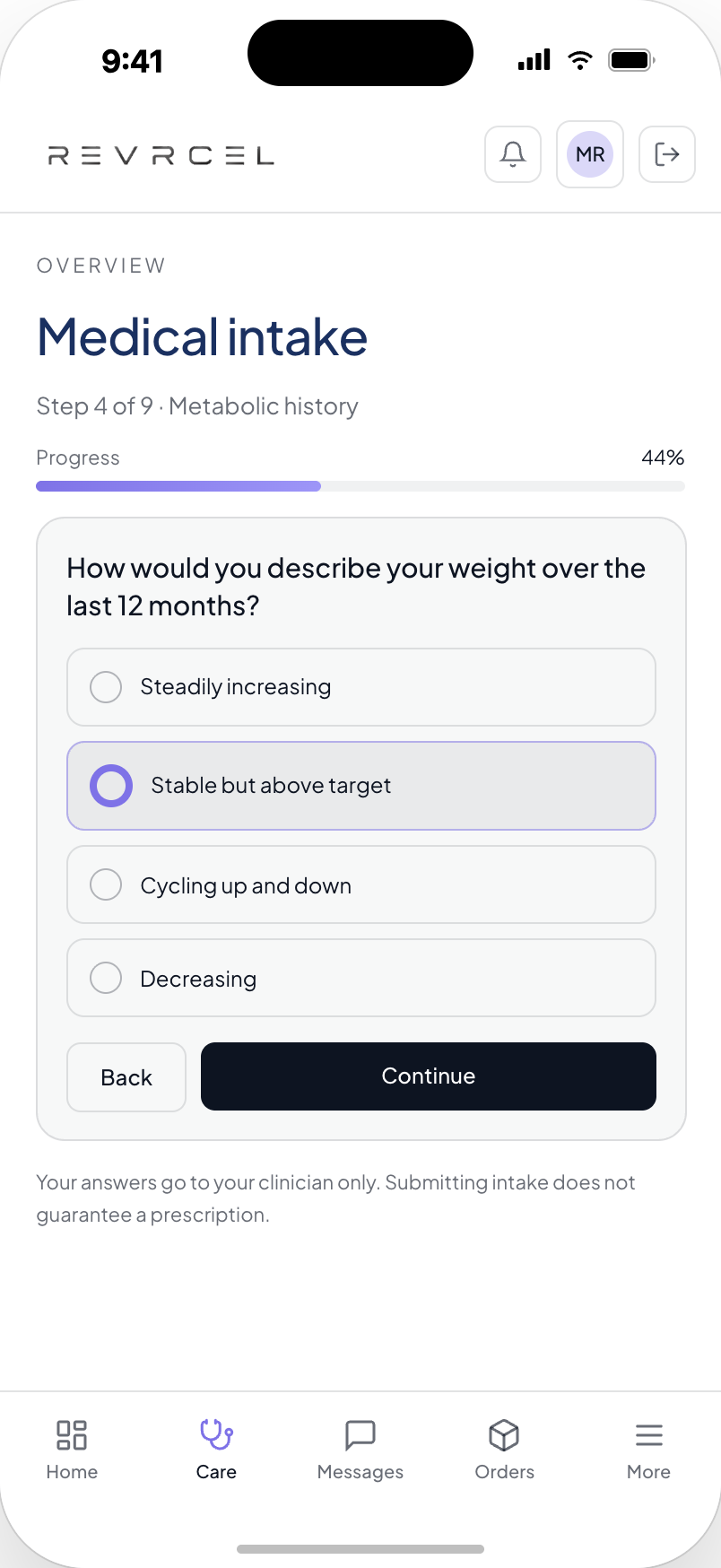 REVRCEL app medical intake screen