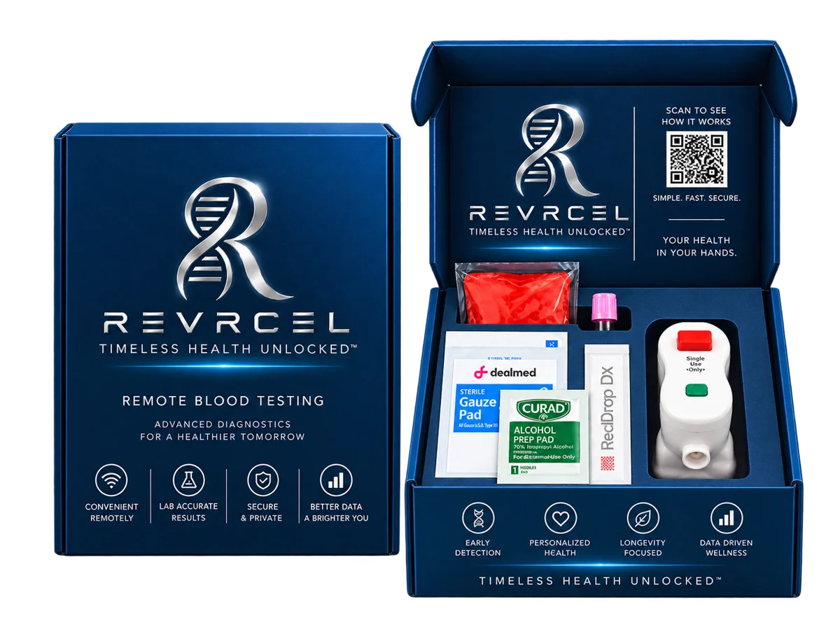 REVRCEL remote blood testing kit — sealed box and open kit with collection device and supplies